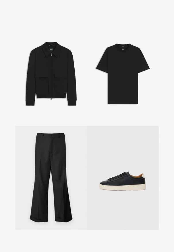 Zwarte bomberjack met een kraag, rits aan de voorkant en twee grote klepzakken. Heeft geribde manchetten en onderrand, gemaakt van textuurstof.; Zwarte korte mouwen T-shirt van een gladde katoenmix, met een ronde halslijn en een minimalistisch ontwerp zonder patronen of accenten.; Zwarte wijde broek met knoopsluiting in de taille en omgeslagen pijpen, getoond tegen een effen witte achtergrond.; Zwarte leren sneakers met een gladde textuur, beige rubberen zool, vetersluiting en een contrasterende hielaccent.