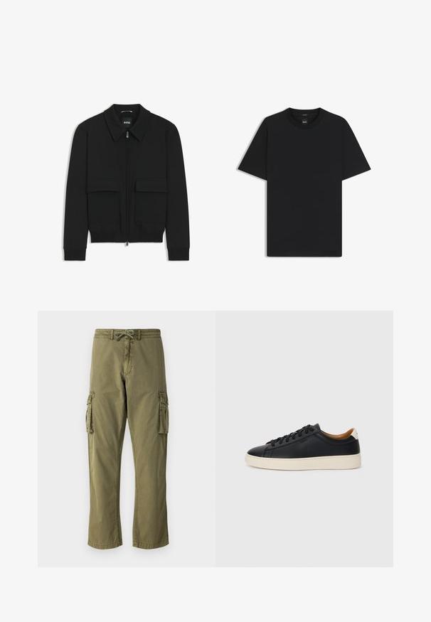 Schwarze Bikerjacke mit Kragen, Reißverschluss vorne und zwei großen Taschen mit Klappen. Mit Rippstrickbündchen und Saum, aus strukturiertem Stoff gefertigt.; Schwarz T-Shirt mit kurzen Ärmeln aus einem glatten Baumwollmix, mit Rundhalsausschnitt und einem minimalistischen Design ohne Muster oder Akzente.; Cargo-Hose aus olivgrünem Baumwollmix, mit einem elastischen Bund und Kordelzug, seitlichen Cargo-Taschen und geradem Beinschnitt.; Schwarze Ledersneaker mit glatter Textur, beiger Gummisohle, Schnürdesign und einem kontrastierenden Fersenakzent.