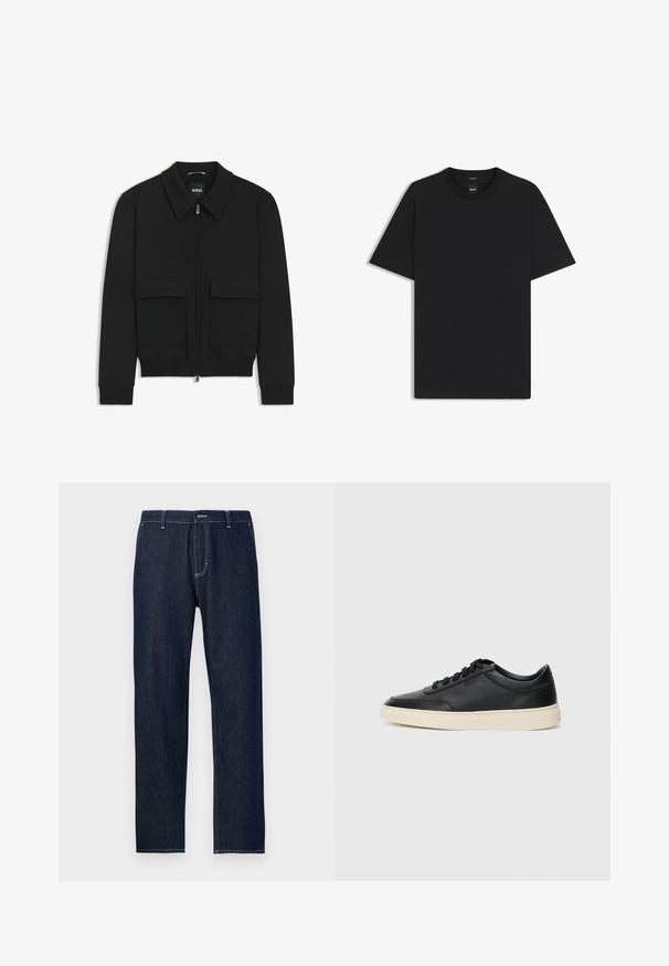 Musta pommikohva takki, jossa on kauluskulli, vetoketju etupuolella ja kaksi suurta läpällistä taskua. Varustettu ribbireunuksilla hihoissa ja helmassa, valmistettu teksturoituneesta kankaasta.; Musta lyhythiha T-paita, joka on valmistettu sileästä puuvillasekoitteesta. Paita on varustettu pyöreällä pääntiehen ja siinä on minimaalinen muotoilu ilman kuvioita tai yksityiskohtia.; Tumma sininen farkkukangas, suoranlahkeinen malli, jossa on erottuva keltainen ompelu ja klassinen viiden taskun asettelu.; Musta matalavartinen nahkastretchu, jossa on mustat nauhat ja vaaleanharmaa pohja, esitetty sivuprofiilissa valkoista taustaa vasten.