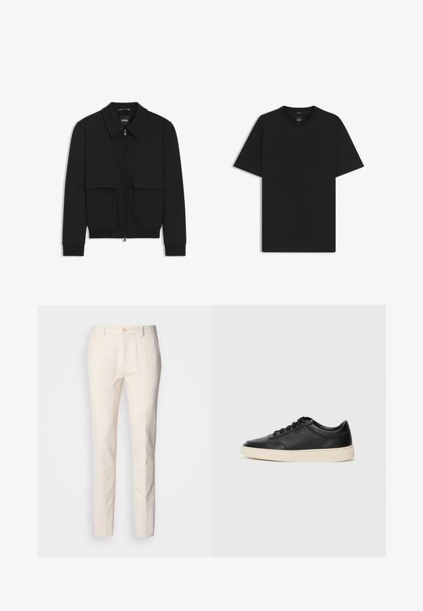 Black bomber jacket with a collared neck, zip front, and two large flap pockets. Features ribbed cuffs and hem, made of textured fabric.; Black short-sleeve T-shirt made from a smooth cotton blend, featuring a crew neckline and a minimalistic design with no patterns or accents.; Light beige, tailored trousers made from soft fabric. Features a button closure, belt loops, and a slim, straight-leg design with minimal texture.; Black low-top leather sneaker with black laces and off-white sole shown in side profile on white background.