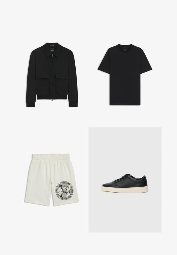 Black bomber jacket with a collared neck, zip front, and two large flap pockets. Features ribbed cuffs and hem, made of textured fabric.; Black short-sleeve T-shirt made from a smooth cotton blend, featuring a crew neckline and a minimalistic design with no patterns or accents.; Cream-colored shorts with elastic waistband featuring a black graphic of two boxers and text "Hugo Boxing Academy 1993 Athletics" on the leg.; Black low-top leather sneaker with black laces and off-white sole shown in side profile on white background.