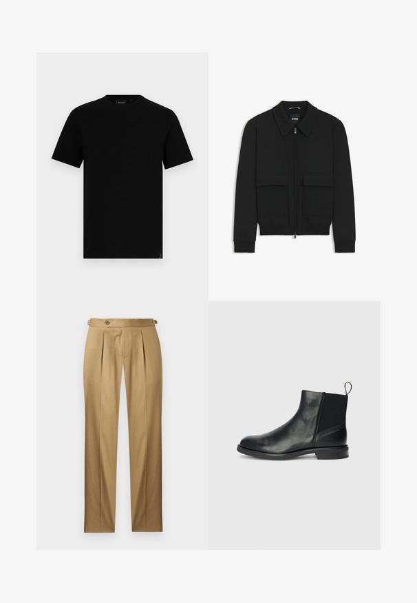 Black bomber jacket with a collared neck, zip front, and two large flap pockets. Features ribbed cuffs and hem, made of textured fabric.; Black cotton t-shirt with a round neckline and short sleeves. Features a small logo tag at the hem. Smooth texture and standard fit.; Beige trousers with a straight fit, featuring pleats, a button closure, and belt loops. Smooth fabric with a clean, tailored look.; Black leather ankle boots with elastic side panels, rounded toe, low block heel, and a pull tab at the back for easy wear.