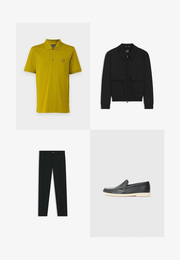 Schwarze Bikerjacke mit Kragen, Reißverschluss vorne und zwei großen Taschen mit Klappen. Mit Rippstrickbündchen und Saum, aus strukturiertem Stoff gefertigt.; Lyle & Scott Poloshirt - gold coloured; Schwarze Anzughosen mit geradem Bein, aus glattem Stoff. Mit Knopfverschluss vorne und Gürtelschlaufen. Schlicht ohne Muster.; Schwarze Leder-Slipper mit strukturiertem Finish und einer kontrastierenden beige Gummisohle. Mit einem dezenten Akzent an der Vorderseite.