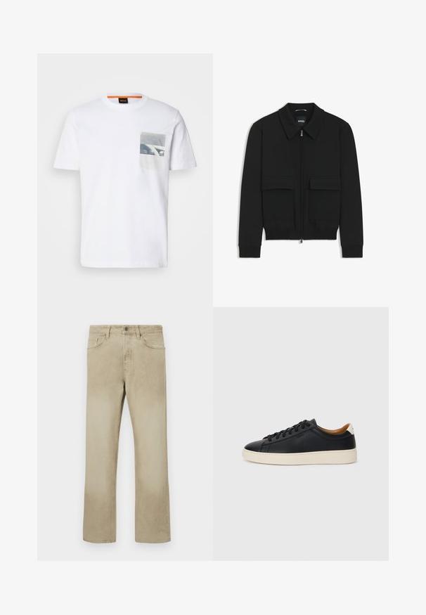 Sort bomberjakke med krave, lynlås foran og to store klaplommer. Har ribbede manchetter og bund, lavet af struktureret stof.; Hvid bomulds T-shirt med en firkantet grafisk lommeprint i sort og hvid design. Rund hals og korte ærmer.; Beige bomuldsbukser med lige ben design, forsynet med forlommer og klassisk knaplukning. Glat tekstur med diskret slid.; Sorte lædersneakers med en glat overflade, beige gummisål, snørebåndsdesign og en kontrastfarvet hæl.