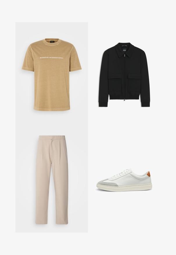 Black bomber jacket with a collared neck, zip front, and two large flap pockets. Features ribbed cuffs and hem, made of textured fabric.; Tan cotton T-shirt with short sleeves and crew neckline, featuring white "BARBOUR INTERNATIONAL" text across the chest. Smooth texture.; Beige, pleated trousers made of soft fabric. Features an elastic waistband, straight legs, and a smooth texture. No pockets or accents.; White leather sneakers with gray suede accents and a tan leather heel tab. Features a textured surface and lightweight sole.