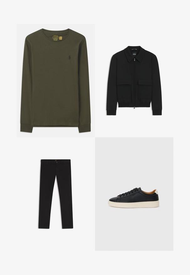 Czarna kurtka bomberka z kołnierzykiem, zapinana na zamek, z dwiema dużymi kieszeniami z klapami. Posiada ściągacze na mankietach i dole, wykonana z teksturowanej tkaniny.; Długi rękaw, oliwkowa koszulka bawełniana z okrągłym dekoltem i małym, ciemnym logo po lewej stronie klatki piersiowej. Miękka tekstura, fason slim fit.; Czarne spodnie uszyte z materiału o gładkiej teksturze. Posiadają zapięcie na guzik, szlufki na pasek oraz boczne kieszenie. Standardowy krój prostych nogawek.; Czarne skórzane trampki o gładkiej fakturze, jasnobrązowa gumowa podeszwa, sznurowana konstrukcja i kontrastujący akcent na pięcie.