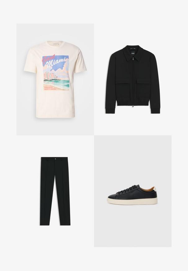 Sort bomberjakke med krave, lynlås foran og to store klaplommer. Har ribbede manchetter og bund, lavet af struktureret stof.; Cremefarvet bomulds T-shirt med grafisk tryk af Miamis skyline, bølger og skyer i pastelnuancer, med teksten "GANT Miami" og "Hilsner fra Florida".; Sorte dressbukser med lige ben-design, lavet af glat stof. Har en frontlukning med knap og bæltestropper. Enkle uden mønstre.; Sorte lædersneakers med en glat overflade, beige gummisål, snørebåndsdesign og en kontrastfarvet hæl.