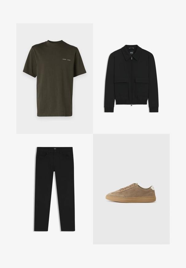 Black bomber jacket with a collared neck, zip front, and two large flap pockets. Features ribbed cuffs and hem, made of textured fabric.; Dark green cotton T-shirt with short sleeves, a round neck, and subtle white "SAMSØE" logo printed on the chest. Smooth texture.; Black denim trousers with a straight cut, featuring a standard waistband, five pockets, and a button closure. Smooth texture throughout.; Suede sneakers in light brown with a rubber sole. Features lace-up design and a minimalistic style, accented by a white heel tab.