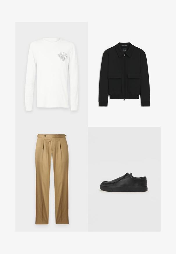 Musta pommikohva takki, jossa on kauluskulli, vetoketju etupuolella ja kaksi suurta läpällistä taskua. Varustettu ribbireunuksilla hihoissa ja helmassa, valmistettu teksturoituneesta kankaasta.; Valkoinen pitkähihainen T-paita, joka on valmistettu puuvillasta. Paidassa on pyöreä kaula-aukko ja vasemmassa rinnassa pieni harmaa "GUESS"-logo. Yksinkertainen muotoilu, ei kuvioita.; Beiget suoralahkeiset housut, joissa on laskokset, napillinen suljenta ja vyölenkit. Sileä kangas ja siisti, räätälöity ilme.; Musta nahkainen slip-on-kengät pyöristetyllä varvalla, tikattu yksityiskohta ja musta kumipohja. Sileä pinta ja minimalistinen muotoilu.