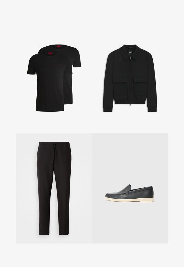 Black bomber jacket with a collared neck, zip front, and two large flap pockets. Features ribbed cuffs and hem, made of textured fabric.; Two black cotton t-shirts with short sleeves and crew necks. Both feature a red brand label at the neckline. Simple, classic design.; Black jogger pants made of smooth fabric. Feature an elastic waistband with a drawstring, tapered legs, and no visible pockets. Simple design.; Black leather slip-on loafers with a textured finish and a contrasting beige rubber sole. Features a subtle accent along the front.