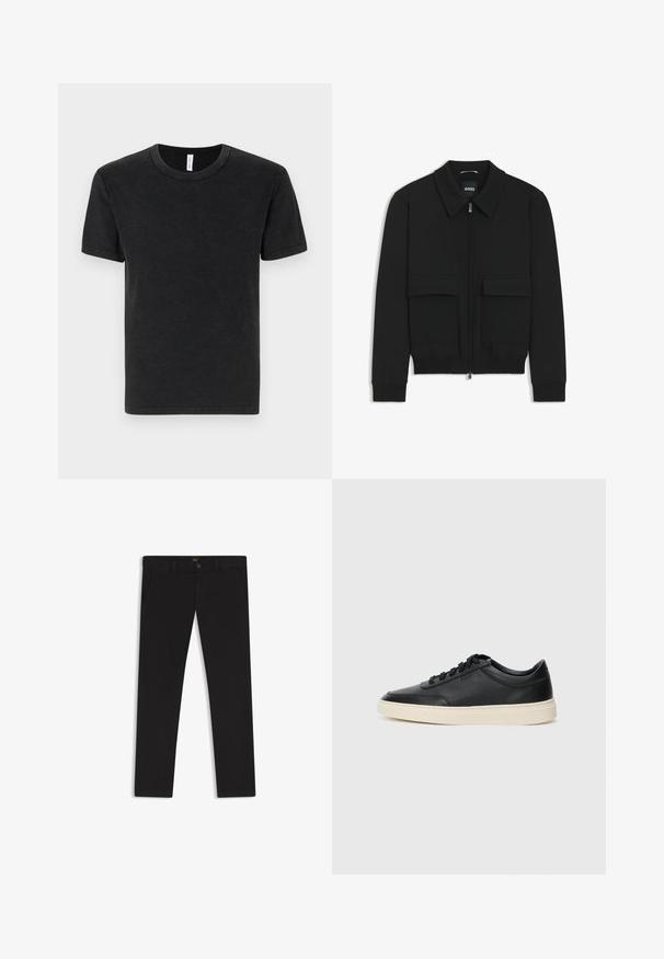 Musta pommikohva takki, jossa on kauluskulli, vetoketju etupuolella ja kaksi suurta läpällistä taskua. Varustettu ribbireunuksilla hihoissa ja helmassa, valmistettu teksturoituneesta kankaasta.; Musta puuvillapaita lyhyillä hihoilla, pyöreä pääntie ja sileä rakenne. Minimaalinen muotoilu, ilman näkyviä kuvioita tai koristeita.; Mustat housut, jotka on valmistettu sileätekstiilisestä kankaasta. Varustettu nappikiinnityksellä, vyölenkeillä ja sivutaskuilla. Standardi suora lahjemalli.; Musta matalavartinen nahkastretchu, jossa on mustat nauhat ja vaaleanharmaa pohja, esitetty sivuprofiilissa valkoista taustaa vasten.