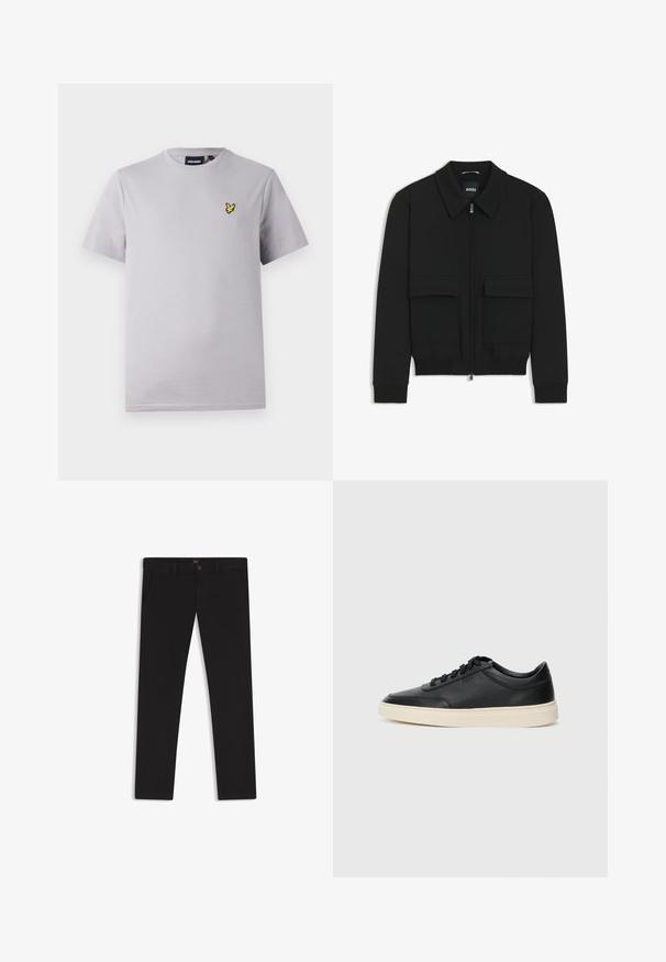 Black bomber jacket with a collared neck, zip front, and two large flap pockets. Features ribbed cuffs and hem, made of textured fabric.; Light grey cotton t-shirt with short sleeves, featuring a small yellow embroidered bird logo on the left chest area.; Black trousers made of fabric with a smooth texture. Features a button closure, belt loops, and side pockets. Standard straight-leg design.; Black low-top leather sneaker with black laces and off-white sole shown in side profile on white background.