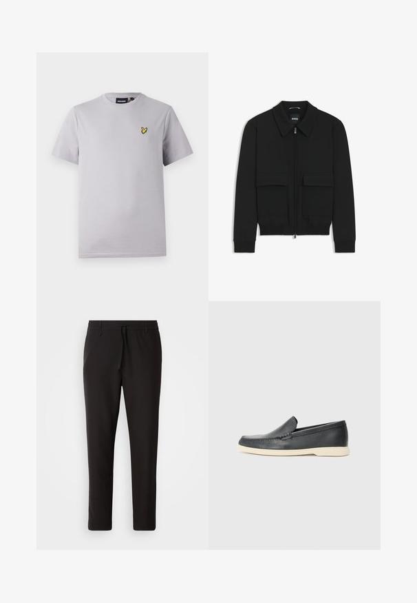 Sort bomberjakke med krave, lynlås foran og to store klaplommer. Har ribbede manchetter og bund, lavet af struktureret stof.; Lys grå bomulds t-shirt med korte ærmer, prydet med et lille gult broderet fuglelogo på venstre brystområde.; Sorte joggebukser lavet af glat stof. Har en elastisk talje med snor, tætsiddende ben og ingen synlige lommer. Enkel design.; Sorte læder slip-on loafers med en struktureret overflade og en kontrasterende beige gummisål. Har en subtil detalje langs forsiden.