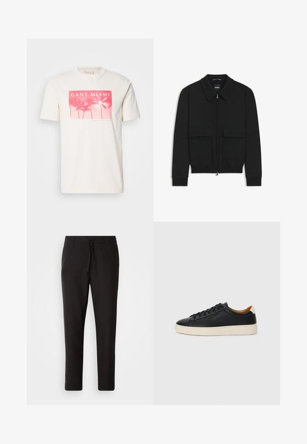Sort bomberjakke med krave, lynlås foran og to store klaplommer. Har ribbede manchetter og bund, lavet af struktureret stof.; Hvid bomulds t-shirt med et pink grafisk tryk af palmer og teksten "GANT MIAMI". Kortærmet og med rund hals.; Sorte joggebukser lavet af glat stof. Har en elastisk talje med snor, tætsiddende ben og ingen synlige lommer. Enkel design.; Sorte lædersneakers med en glat overflade, beige gummisål, snørebåndsdesign og en kontrastfarvet hæl.