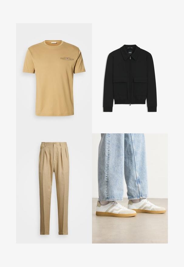 Black bomber jacket with a collared neck, zip front, and two large flap pockets. Features ribbed cuffs and hem, made of textured fabric.; Light beige cotton t-shirt with a round neckline, short sleeves, and a printed logo featuring "GANT 1949" in dark blue on the chest.; Beige linen trousers with a straight cut, featuring two front pleats, a button closure, and side pockets. Textured fabric with a smooth finish.; White sneakers with beige suede accents and light rubber soles; features a low-top design and textured detailing on the upper.