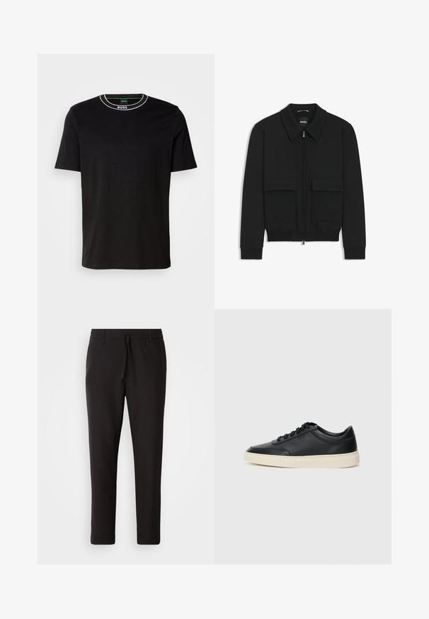 Black bomber jacket with a collared neck, zip front, and two large flap pockets. Features ribbed cuffs and hem, made of textured fabric.; Black short-sleeve T-shirt made of cotton, featuring a round neckline with white stitching and 'BOSS' logo at the collar. Classic fit.; Black jogger pants made of smooth fabric. Feature an elastic waistband with a drawstring, tapered legs, and no visible pockets. Simple design.; Black low-top leather sneaker with black laces and off-white sole shown in side profile on white background.