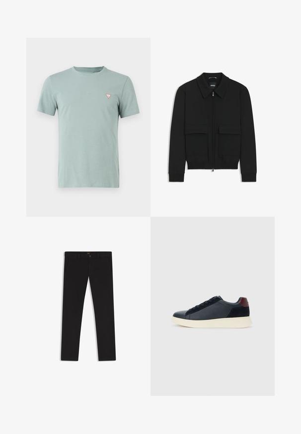 Schwarze Bikerjacke mit Kragen, Reißverschluss vorne und zwei großen Taschen mit Klappen. Mit Rippstrickbündchen und Saum, aus strukturiertem Stoff gefertigt.; Hellgrünes Baumwoll-T-Shirt mit Rundhalsausschnitt und kurzen Ärmeln. Verfügt über ein kleines rotes Dreieckslogo auf der linken Brust.; Schwarze Hosen aus einem Stoff mit glatter текстуре. Verfügt über einen Knopfverschluss, Gürtelschlaufen und Seitentaschen. Klassisches Design mit geradem Bein.; Schwarze Leder- und Wildledersneaker für Herren mit einem ziegelroten Fersenpatch und weißer Gummisohle, von der Außenseite betrachtet.