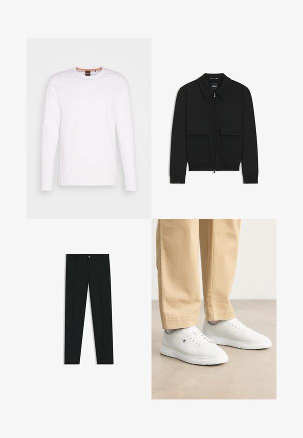 Black bomber jacket with a collared neck, zip front, and two large flap pockets. Features ribbed cuffs and hem, made of textured fabric.; White long-sleeve t-shirt made of cotton. Features a round neckline and a small embossed logo on the left chest. Smooth texture.; Black dress pants with a straight-leg design, made of smooth fabric. Features a front button closure and belt loops. Plain without patterns.; White leather sneakers with a smooth finish, featuring round toe, lace-up design, and subtle logo detail on the side, paired with beige pants.