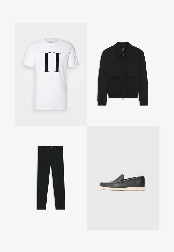 Sort bomberjakke med krave, lynlås foran og to store klaplommer. Har ribbede manchetter og bund, lavet af struktureret stof.; Hvid bomulds t-shirt med et markant sort "II" print i midten. Klassisk rund hals og korte ærmer. Glat tekstur, afslappet pasform.; Sorte dressbukser med lige ben-design, lavet af glat stof. Har en frontlukning med knap og bæltestropper. Enkle uden mønstre.; Sorte læder slip-on loafers med en struktureret overflade og en kontrasterende beige gummisål. Har en subtil detalje langs forsiden.