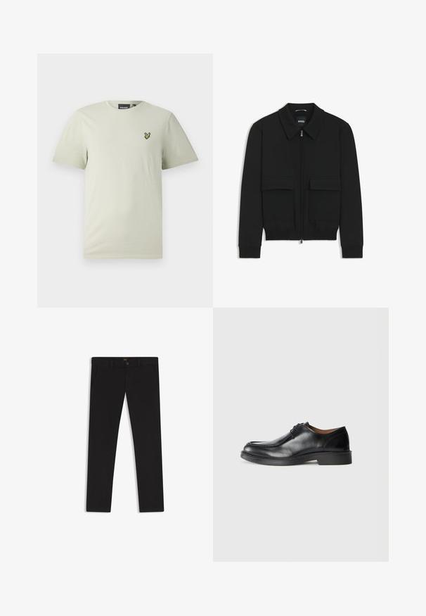 Schwarze Bikerjacke mit Kragen, Reißverschluss vorne und zwei großen Taschen mit Klappen. Mit Rippstrickbündchen und Saum, aus strukturiertem Stoff gefertigt.; Helles grünes Baumwoll-T-Shirt mit kurzen Ärmeln und rundem Halsausschnitt, ausgestattet mit einem kleinen grünen gestickten Logo auf der linken Brust.; Schwarze Hosen aus einem Stoff mit glatter текстуре. Verfügt über einen Knopfverschluss, Gürtelschlaufen und Seitentaschen. Klassisches Design mit geradem Bein.; Schwarze Leder-Dressschuhe mit abgerundetem Zehenbereich, glatter Oberfläche, Schnürdetails und einer niedrigen, strukturierten Gummisohle. Saubere Linien und minimalistisches Design.