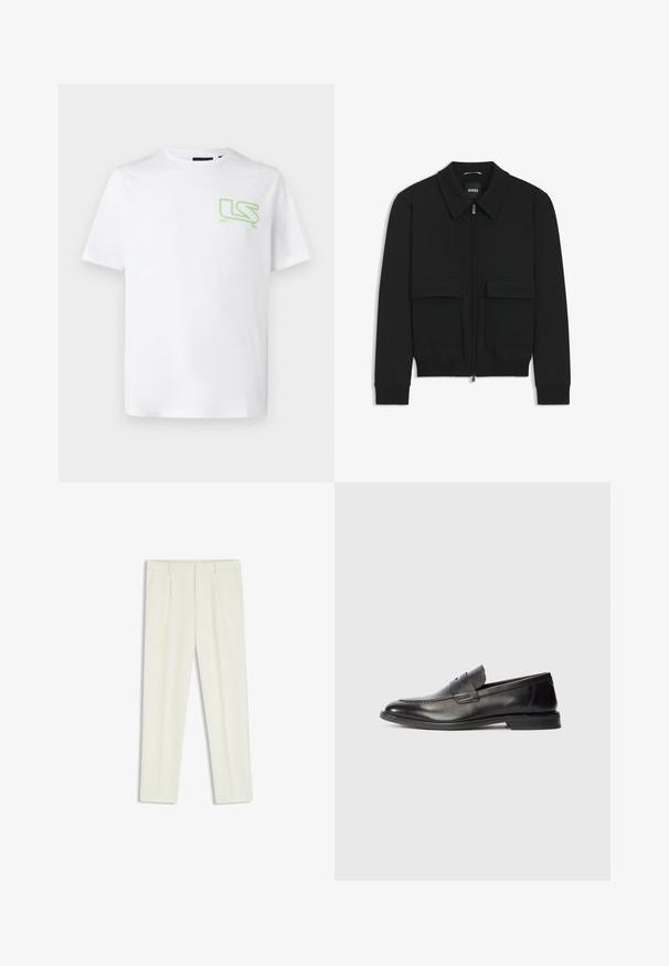 Chaqueta bomber negra con cuello tipo camisa, cierre frontal de cremallera y dos grandes bolsillos con solapa. Presenta puños ribeteados y dobladillo, confeccionada en tela texturizada.; Camiseta blanca de algodón con un pequeño logo verde "LS" en el lado izquierdo del pecho. Cuello redondo clásico y mangas cortas.; Pantalones blancos ajustados con una textura suave, que presentan plisados frontales, dos bolsillos laterales y un diseño de pierna recta.; Mocasín de hombre de cuero negro con un tacón bajo y un detalle de tira horizontal en la parte superior, mostrado de lado sobre un fondo blanco.