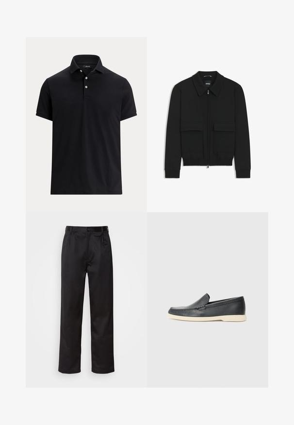 Giacca bomber nera con colletto, chiusura a zip frontale e due grandi tasche con patta. Presenta polsini e orlo a costine, realizzata in tessuto testurizzato.; Polo nera a maniche corte con tre bottoni bianchi e colletto piegato.; Pantaloni neri realizzati in tessuto morbido, con chiusura frontale a bottone, pieghe e gambe dritte. Nessun motivo o accento visibile.; Mocassini neri in pelle con finitura testurizzata e suola in gomma beige a contrasto. Presentano un accento sottile lungo la parte anteriore.