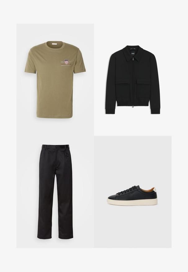 Musta pommikohva takki, jossa on kauluskulli, vetoketju etupuolella ja kaksi suurta läpällistä taskua. Varustettu ribbireunuksilla hihoissa ja helmassa, valmistettu teksturoituneesta kankaasta.; Olive vihreä puuvillapaita lyhyillä hihoilla, pyöreä kaula-aukko, jossa on "GANT"-logo, joka sisältää kilpimuotoisen suunnittelun ja tekstin vasemmassa rinnassa.; Musta housut sileästä kankaasta, joissa on etupainike, laskokset ja suorat lahkeet. Ei näkyviä kuvioita tai korostuksia.; Mustat nahkasneakerit, joissa on sileä pinta, beige kumipohja, nauhakiinnitys ja erottuva kanta-aksentti.