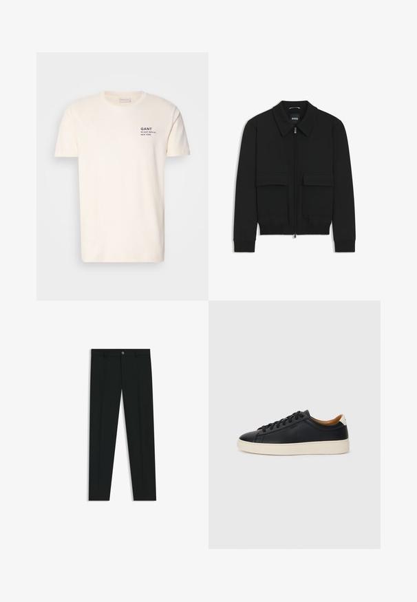 Svart bomberjacka med krage, dragkedja framtill och två stora klafffickor. Har ribbade mudd och nederkant, tillverkad av strukturerad tyg.; Krämfärgad bomulls t-shirt med rund hals, korta ärmar och ett litet marinblått tryck på bröstet som läser "GANT 32 EAST 39TH ST. NEW YORK."; Svarta dressbyxor med rak bendesign, gjorda av ett mjukt tyg. Har stängning med frontknapp och bälteshällor. Enfärgade utan mönster.; Svarta lädersneakers med en slät yta, beige gummisula, snörning och en kontrasterande hälackcent.