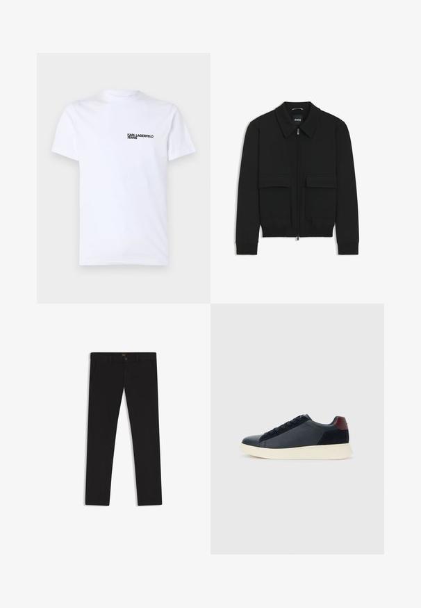 Black bomber jacket with a collared neck, zip front, and two large flap pockets. Features ribbed cuffs and hem, made of textured fabric.; White cotton t-shirt featuring short sleeves, a crew neckline, and a black "KARL LAGERFELD JEANS" logo on the left chest area.; Black trousers made of fabric with a smooth texture. Features a button closure, belt loops, and side pockets. Standard straight-leg design.; Low-top men's sneaker in black leather and suede with maroon heel tab and white rubber sole, viewed from the outer side.