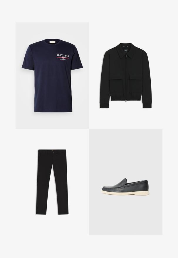 Black bomber jacket with a collared neck, zip front, and two large flap pockets. Features ribbed cuffs and hem, made of textured fabric.; Navy blue cotton t-shirt featuring a white "GANT 1949" logo and red accents, crew neck, short sleeves, smooth texture, basic fit.; Black trousers made of fabric with a smooth texture. Features a button closure, belt loops, and side pockets. Standard straight-leg design.; Black leather slip-on loafers with a textured finish and a contrasting beige rubber sole. Features a subtle accent along the front.
