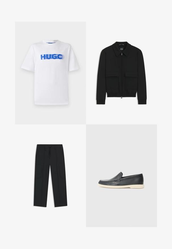 Black bomber jacket with a collared neck, zip front, and two large flap pockets. Features ribbed cuffs and hem, made of textured fabric.; White cotton t-shirt with a round neck, featuring a large blue graphic of the word "HUGO" across the front, slightly blurred effect.; Black cargo pants made of nylon. Features an elastic waistband with a drawstring, side pockets, and flat front design.; Black leather slip-on loafers with a textured finish and a contrasting beige rubber sole. Features a subtle accent along the front.