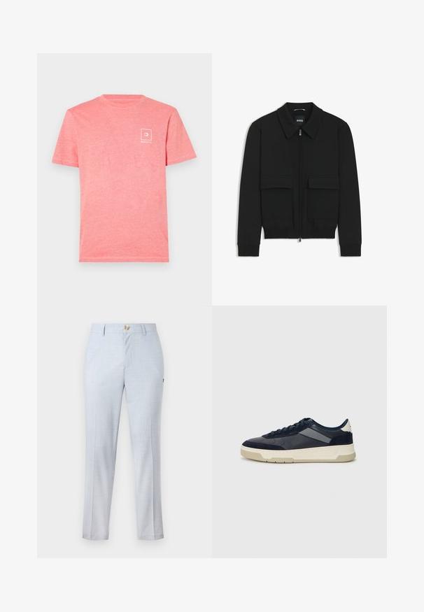 Czarna kurtka bomberka z kołnierzykiem, zapinana na zamek, z dwiema dużymi kieszeniami z klapami. Posiada ściągacze na mankietach i dole, wykonana z teksturowanej tkaniny.; Różowa bawełniana koszulka z krótkim rękawem, z małym białym logo na lewej piersi. Miękka tekstura i klasyczny okrągły dekolt.; Jasnoniebieskie spodnie materiałowe o klasycznym kroju, proste nogawki, kieszenie z przodu i zapięcie na guzik. Subtelny wzór.; BOSS BALTIMORE niebieski