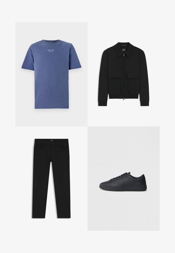Black bomber jacket with a collared neck, zip front, and two large flap pockets. Features ribbed cuffs and hem, made of textured fabric.; Navy blue short-sleeve t-shirt made of cotton. Features a crew neckline and small white text on the chest: "SAMSØE SAMSØE COPENHAGEN."; Black denim trousers with a straight cut, featuring a standard waistband, five pockets, and a button closure. Smooth texture throughout.; Black sneakers made of smooth leather with a low-top design, round toe, and flat rubber sole. Features laces and subtle branding.