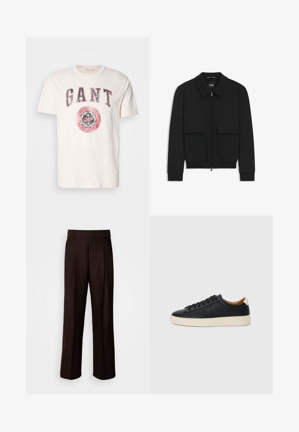 Sort bomberjakke med krave, lynlås foran og to store klaplommer. Har ribbede manchetter og bund, lavet af struktureret stof.; Cremefarvet bomulds T-shirt med korte ærmer. Har fed rød og blå "GANT" tekst samt et cirkulært logo med teksten "grundlagt i 1949."; Brune skræddersyede bukser med lige ben, featuring en frontfold, glat texture og klassisk talje. Egnet til formelt brug.; Sorte lædersneakers med en glat overflade, beige gummisål, snørebåndsdesign og en kontrastfarvet hæl.
