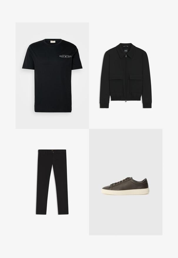 Svart bomberjacka med krage, dragkedja framtill och två stora klafffickor. Har ribbade mudd och nederkant, tillverkad av strukturerad tyg.; Svart bomullströja med korta ärmar, rund hals och liten vit grafisk text på vänster bröstområde. Enkel, vanlig passform.; Svarta byxor gjorda av tyg med en slät textur. Har en knäppning med knapp, bälteshällor och sidofickor. Standard rakt ben-design.; Mörkbruna lädersneakers med en texturerad yta, vit gummisula och platta snören. Minimalistisk design utan synliga logotyper.