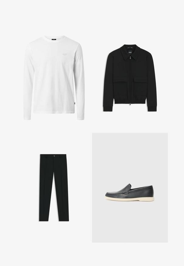 Musta pommikohva takki, jossa on kauluskulli, vetoketju etupuolella ja kaksi suurta läpällistä taskua. Varustettu ribbireunuksilla hihoissa ja helmassa, valmistettu teksturoituneesta kankaasta.; Valkoinen pitkähihaisen t-paita, joka on valmistettu puuvillasta. Paitassa on pyöreä pääntie, pehmeä rakenne ja huomaamaton logo rinnassa. Yksinkertainen, klassinen muotoilu.; Musta housut, joissa on suora lahje, valmistettu sileästä kankaasta. Edessä nappisulku ja vyölenkit. Yksinkertainen ilman kuvioita.; Mustat nahkakengät ilman nauhoja, joissa on teksturoitu pinta ja kontrastoiva beige kumipohja. Kengissä on hillitty yksityiskohta etuosassa.