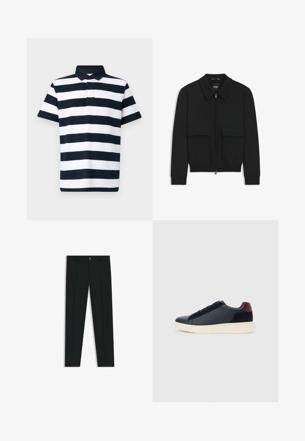 Black bomber jacket with a collared neck, zip front, and two large flap pockets. Features ribbed cuffs and hem, made of textured fabric.; Navy and white striped polo shirt with a collar, short sleeves, and two-button placket. Fabric has a textured weave.; Black dress pants with a straight-leg design, made of smooth fabric. Features a front button closure and belt loops. Plain without patterns.; Low-top men's sneaker in black leather and suede with maroon heel tab and white rubber sole, viewed from the outer side.