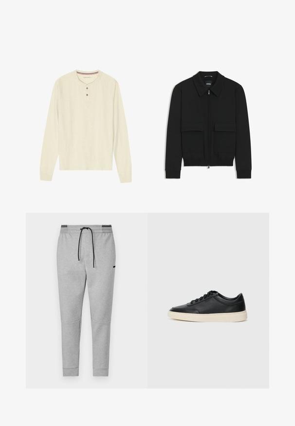 Musta pommikohva takki, jossa on kauluskulli, vetoketju etupuolella ja kaksi suurta läpällistä taskua. Varustettu ribbireunuksilla hihoissa ja helmassa, valmistettu teksturoituneesta kankaasta.; Pitkähihaisessa henley-paidassa on kevyt kerma väri. Siinä on kolmonen nappilista ja punaisia ja sinisiä raidoituksia kauluksessa. Raglan-hihat.; Harmaat collegehousut elastisella vyötäröllä, mustalla kiristysnauhalla ja vetoketjullisilla taskuilla; sisältää polvipaneelit ja ribbireunat.; Musta matalavartinen nahkastretchu, jossa on mustat nauhat ja vaaleanharmaa pohja, esitetty sivuprofiilissa valkoista taustaa vasten.