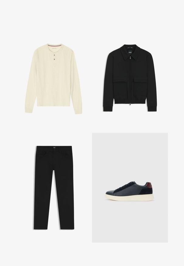 Zwarte bomberjack met een kraag, rits aan de voorkant en twee grote klepzakken. Heeft geribde manchetten en onderrand, gemaakt van textuurstof.; Langarm henley shirt van lichtgewicht cream kleurige stof. Heeft een drieknoopsluiting en een halsband met rode en blauwe strepen. Raglanmouwen.; Zwarte denim broek met een rechte snit, voorzien van een standaard tailleband, vijf zakken en een knoopsluiting. Gladde textuur overal.; Lage herensneaker van zwart leer en suede met een bordeauxrode hieltab en een witte rubberen zool, gezien vanuit de buitenkant.