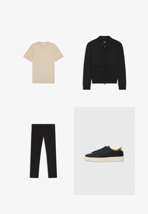Black bomber jacket with a collared neck, zip front, and two large flap pockets. Features ribbed cuffs and hem, made of textured fabric.; Beige cotton t-shirt with short sleeves and a crew neckline. Features a small, centered graphic "II" in a lighter shade.; Black trousers made of fabric with a smooth texture. Features a button closure, belt loops, and side pockets. Standard straight-leg design.; Black leather sneakers with a smooth texture, beige rubber sole, lace-up design, and a contrasting heel accent.