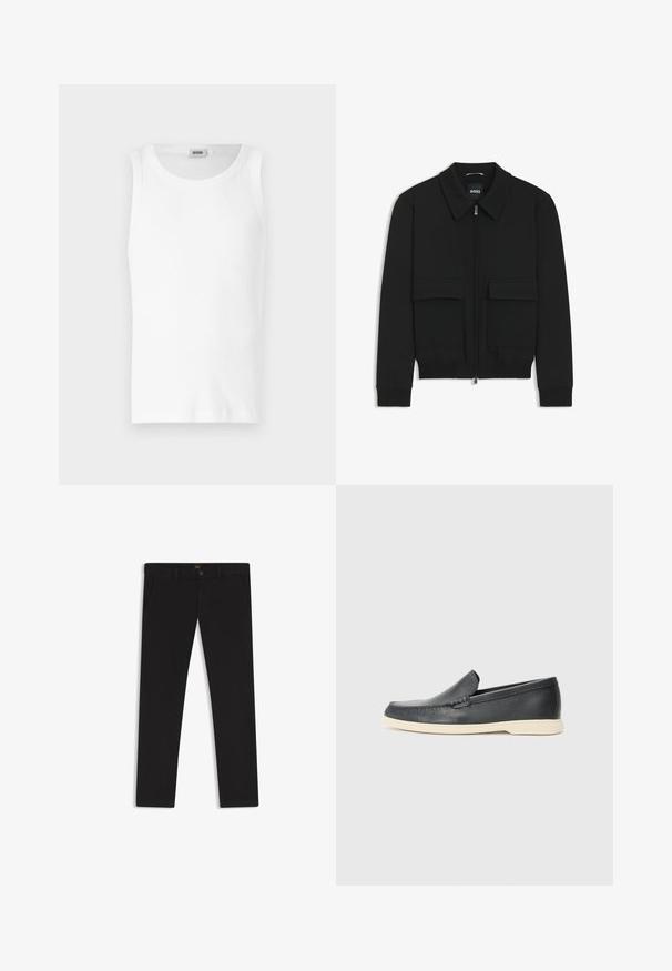 Zwarte bomberjack met een kraag, rits aan de voorkant en twee grote klepzakken. Heeft geribde manchetten en onderrand, gemaakt van textuurstof.; Witte katoenen mouwloze tanktop met een ronde halslijn en een gladde textuur. Eenvoudig ontwerp, geen patronen of accenten.; Zwarte broek van stof met een gladde textuur. Bevat een knoopsluiting, riemlussen en zijzakken. Standaard straight-leg ontwerp.; Zwarte leren instappers met een gestructureerde afwerking en een contrasterende beige rubberen zool. Beschikt over een subtiele accent langs de voorkant.