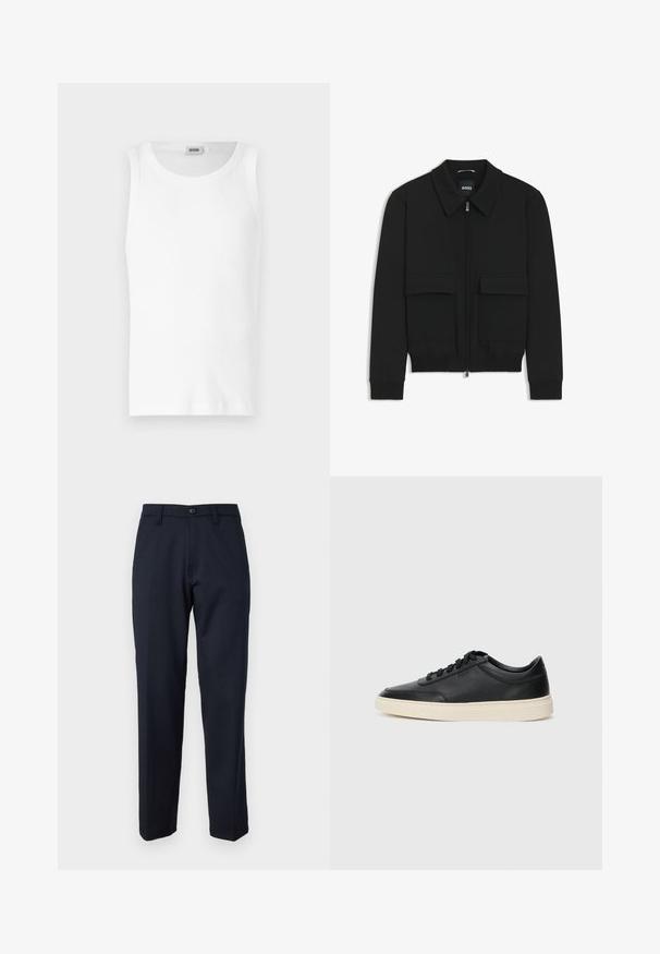 Schwarze Bikerjacke mit Kragen, Reißverschluss vorne und zwei großen Taschen mit Klappen. Mit Rippstrickbündchen und Saum, aus strukturiertem Stoff gefertigt.; Weißes Baumwoll-Tanktop ohne Ärmel mit Rundhalsausschnitt und glatter Textur. Einfaches Design, ohne Muster oder Akzente.; Dunkelblaue Hose aus glattem Stoff, mit einem Knopf vorne, geradem Bein und seitlichen Taschen. Keine Muster oder Verzierungen sichtbar.; Schwarzer niedriger Ledersneaker mit schwarzen Schnürsenkeln und cremefarbenem Sohlenrand, seitlich auf weißem Hintergrund dargestellt.