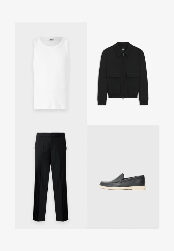 Schwarze Bikerjacke mit Kragen, Reißverschluss vorne und zwei großen Taschen mit Klappen. Mit Rippstrickbündchen und Saum, aus strukturiertem Stoff gefertigt.; Weißes Baumwoll-Tanktop ohne Ärmel mit Rundhalsausschnitt und glatter Textur. Einfaches Design, ohne Muster oder Akzente.; Schwarze, maßgeschneiderte Hosen mit geradem Schnitt, ausgestattet mit einem Knopfverschluss, Reißverschluss und Gürtelschlaufen. Glatter Stoff mit seitlichen Taschen.; Schwarze Leder-Slipper mit strukturiertem Finish und einer kontrastierenden beige Gummisohle. Mit einem dezenten Akzent an der Vorderseite.