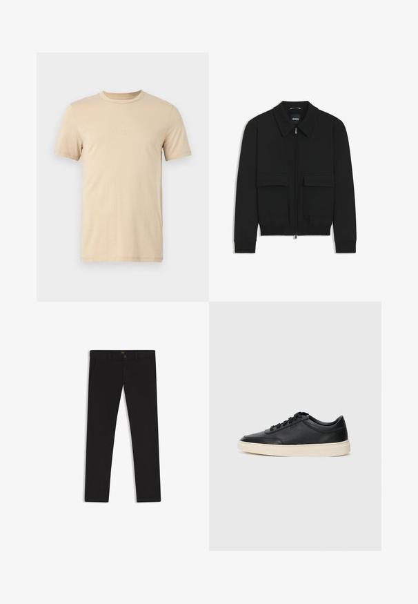 Black bomber jacket with a collared neck, zip front, and two large flap pockets. Features ribbed cuffs and hem, made of textured fabric.; Beige cotton t-shirt with short sleeves, a crew neckline, and embossed LOGO text on the front. Smooth texture and standard fit.; Black trousers made of fabric with a smooth texture. Features a button closure, belt loops, and side pockets. Standard straight-leg design.; Black low-top leather sneaker with black laces and off-white sole shown in side profile on white background.