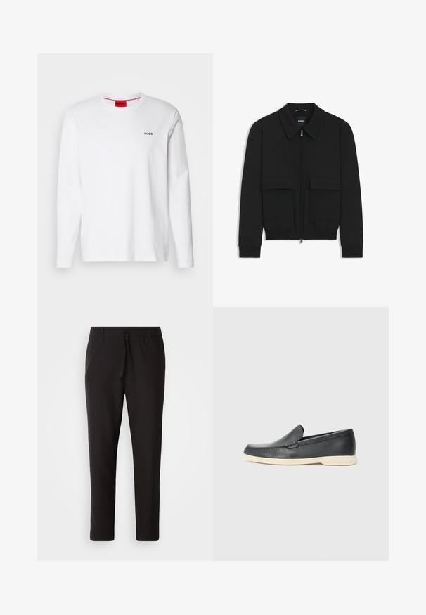 Black bomber jacket with a collared neck, zip front, and two large flap pockets. Features ribbed cuffs and hem, made of textured fabric.; White long-sleeve shirt made of cotton, featuring a round neckline, black "HUGO" logo on the left chest, and a smooth texture.; Black jogger pants made of smooth fabric. Feature an elastic waistband with a drawstring, tapered legs, and no visible pockets. Simple design.; Black leather slip-on loafers with a textured finish and a contrasting beige rubber sole. Features a subtle accent along the front.