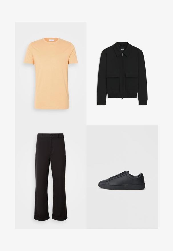 Svart bomberjacka med krage, dragkedja framtill och två stora klafffickor. Har ribbade mudd och nederkant, tillverkad av strukturerad tyg.; Ljus persikofärgad t-shirt med korta ärmar gjord av mjukt tyg. Har en rund halsringning och subtil text "Arrivederci" på framsidan.; Svarta byxor med rak passform, tillverkade av ett lättviktsmaterial. Har en klassisk knappstängning och uppvikta benslut.; Svarta sneakers i slätt läder med låg design, rund tå och platt gummisula. Har snörning och subtil branding.
