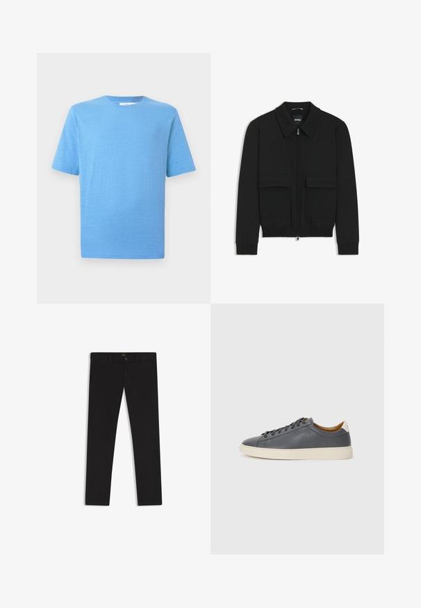 Black bomber jacket with a collared neck, zip front, and two large flap pockets. Features ribbed cuffs and hem, made of textured fabric.; Short-sleeve T-shirt in light blue, made of soft fabric. Features a classic crew neck and straight-cut hem, with subtle texture detail.; Black trousers made of fabric with a smooth texture. Features a button closure, belt loops, and side pockets. Standard straight-leg design.; Gray leather sneaker with round toe, rubber sole, flat laces, and light-colored accents on the heel. Smooth texture and minimalist design.