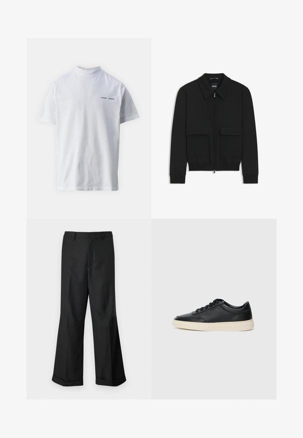 Black bomber jacket with a collared neck, zip front, and two large flap pockets. Features ribbed cuffs and hem, made of textured fabric.; White cotton t-shirt with a high neckline and short sleeves. Features "SAMSØE SAMSØE" logo in black on the front. Smooth texture.; Black wide-leg trousers with buttoned waistband and cuffed hems, displayed against a plain white background.; Black low-top leather sneaker with black laces and off-white sole shown in side profile on white background.