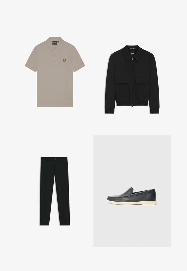 Zwarte bomberjack met een kraag, rits aan de voorkant en twee grote klepzakken. Heeft geribde manchetten en onderrand, gemaakt van textuurstof.; Beige poloshirt van katoen, met een drieknoopsluiting en een klein geel geborduurd vogellogo op de linkerkant van de borst.; Zwarte dresspants met een recht pasvorm, gemaakt van een gladde stof. Heeft een sluiting met een knoop aan de voorkant en ceintuurlussen. Effen zonder patronen.; Zwarte leren instappers met een gestructureerde afwerking en een contrasterende beige rubberen zool. Beschikt over een subtiele accent langs de voorkant.