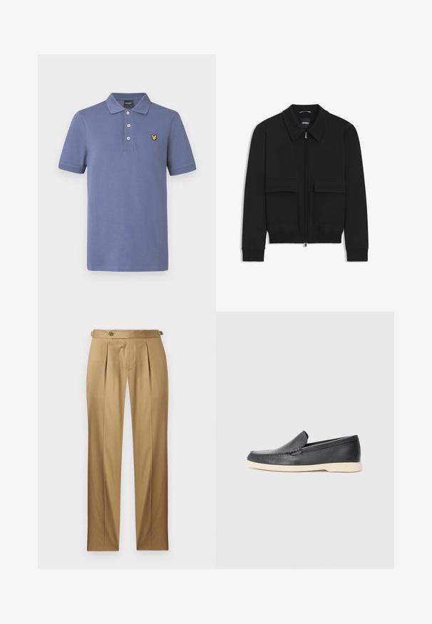 Schwarze Bikerjacke mit Kragen, Reißverschluss vorne und zwei großen Taschen mit Klappen. Mit Rippstrickbündchen und Saum, aus strukturiertem Stoff gefertigt.; Poloshirt aus hellblauer Baumwolle mit klassischem Kragen, dreiknöpfigem Verschluss und gelber Logostickerei auf der linken Brust.; Beige Hose mit geradem Schnitt, versehen mit Abnähern, einem Knopfverschluss und Gürtelschlaufen. Glatter Stoff mit einem sauberen, maßgeschneiderten Aussehen.; Schwarze Leder-Slipper mit strukturiertem Finish und einer kontrastierenden beige Gummisohle. Mit einem dezenten Akzent an der Vorderseite.